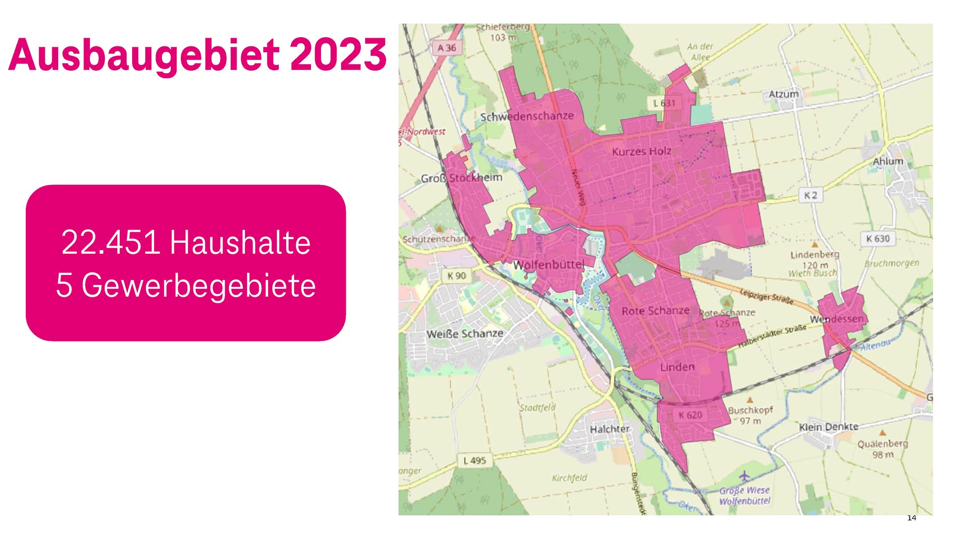 Landkarte von Wolfenbüttel und seinen Ortsteilen. In der Farbe Pink sind die Ausbaugebiete der Telekom 2023 markiert.