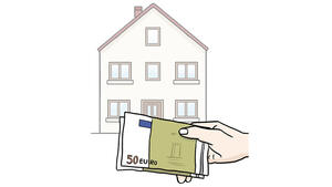 Zeichnung: eines Hauses, eine Hand hält im Vordergrund 50 Euro-Scheine