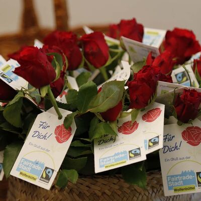 Mehrere rote Rosen mit angehängten Saatpapieren.
