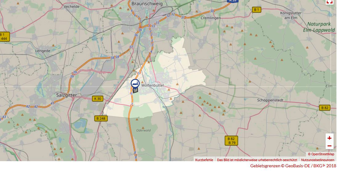 In einer Landkarte sind die Stadtgrenzen Wolfenbüttels markiert und darin ein Gewerbegebiet