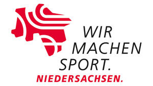 Neben einer rotweißen stilisierten Karten von Niedersachen steht Wir machen Sport. Niedersachsen.