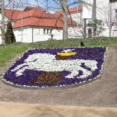 In ein Beet sind Blumen gepflanzt. Die Farben bilden das Wappen der Stadt Wolfenbüttel.