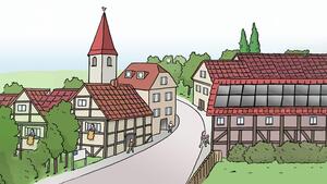 Zeichnung eines Dorfes mit Fachwerkhäusern, Straße und Kirche