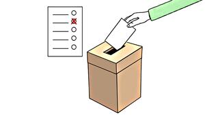 Zeichnung einer Wahlurne, in die jemand einen Zettel einwirft