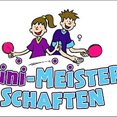 Zeichnung eines Mädchen und eines Jungens, beide spielen Tischtennis, darunter steht mini-Meisterschaften
