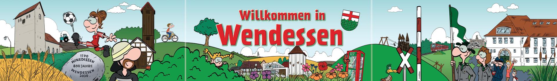 Comicartig gezeichnetes Banner mit Szenen aus dem Dorfleben von Wendessen.