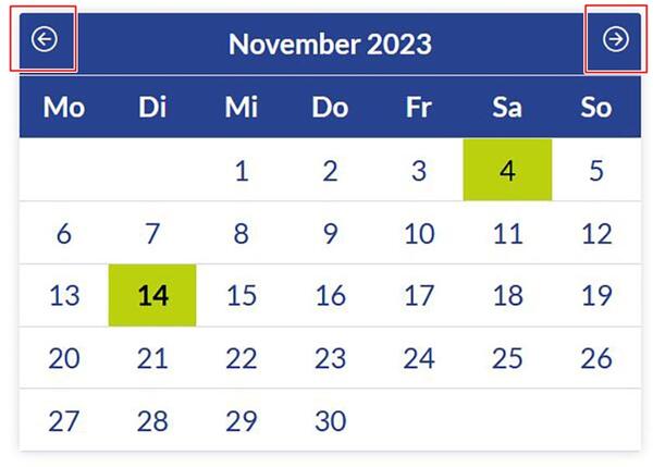 Auswahlfeld mit einem Kalenderblatt, an dem Tage per Klick ausgewählt werden können