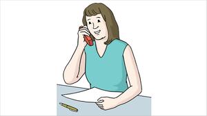 Zeichnung: Eine Fraut sitzt an einem Schreibtisch unt telefoniert