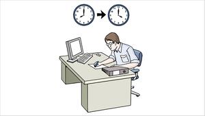 Zeichnung: Ein Mann sitzt an einem Schreibtisch, über ihm hängen zwei Uhre, die eine zeigt 8 Uhr an, die andere 16 Uhr.