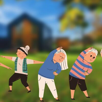 Zeichnung von älteren Menschen, die in der Natur Bewegungsübungen machen.