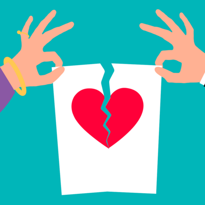 Zeichnung: eine weibliche und eine männliche Hand halten ein Blatt Papier mit einem roten Herzen und zerreißen es in der Mitte.