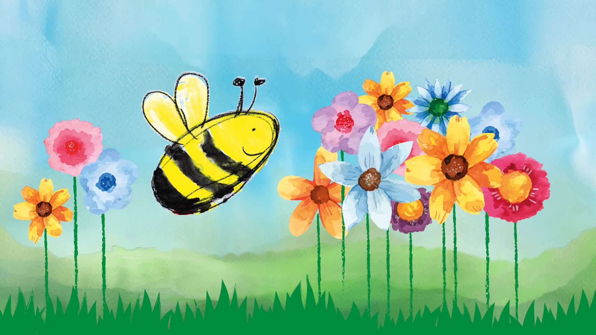 Eine Zeichnung mit einer Biene, die auf Blumen zufliegt.