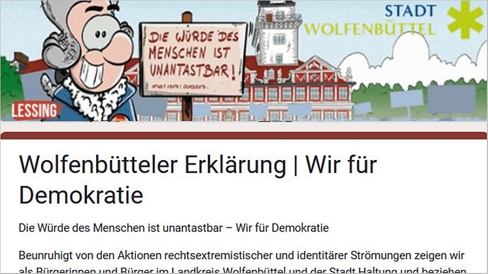 Screenshot der Internetseeite Wolfenbütteler Erklärung | Wir für Demokratie
