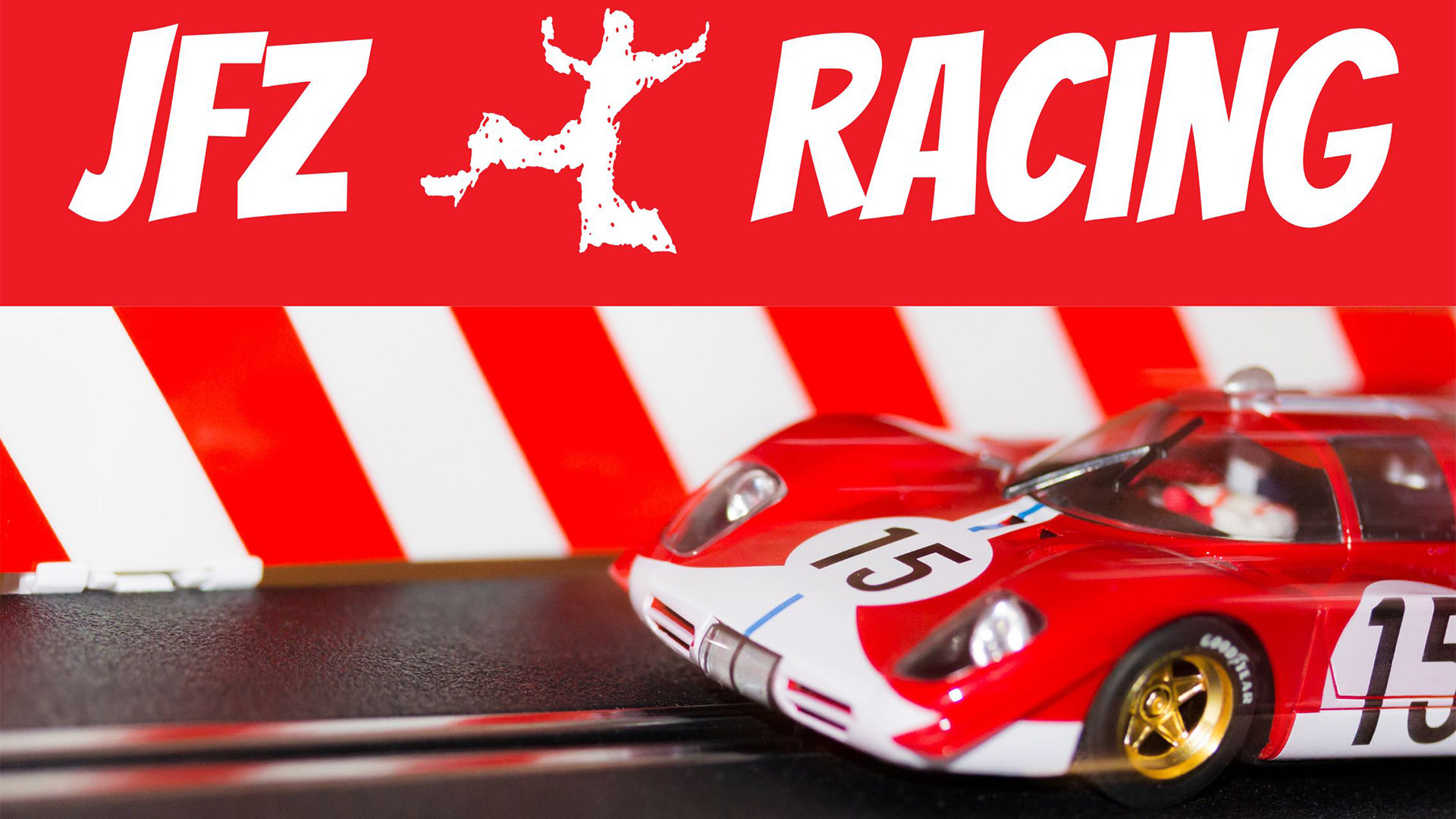 Hinter einen roten Carrera-Rennwagen liest man an der Bande JFZ Racing