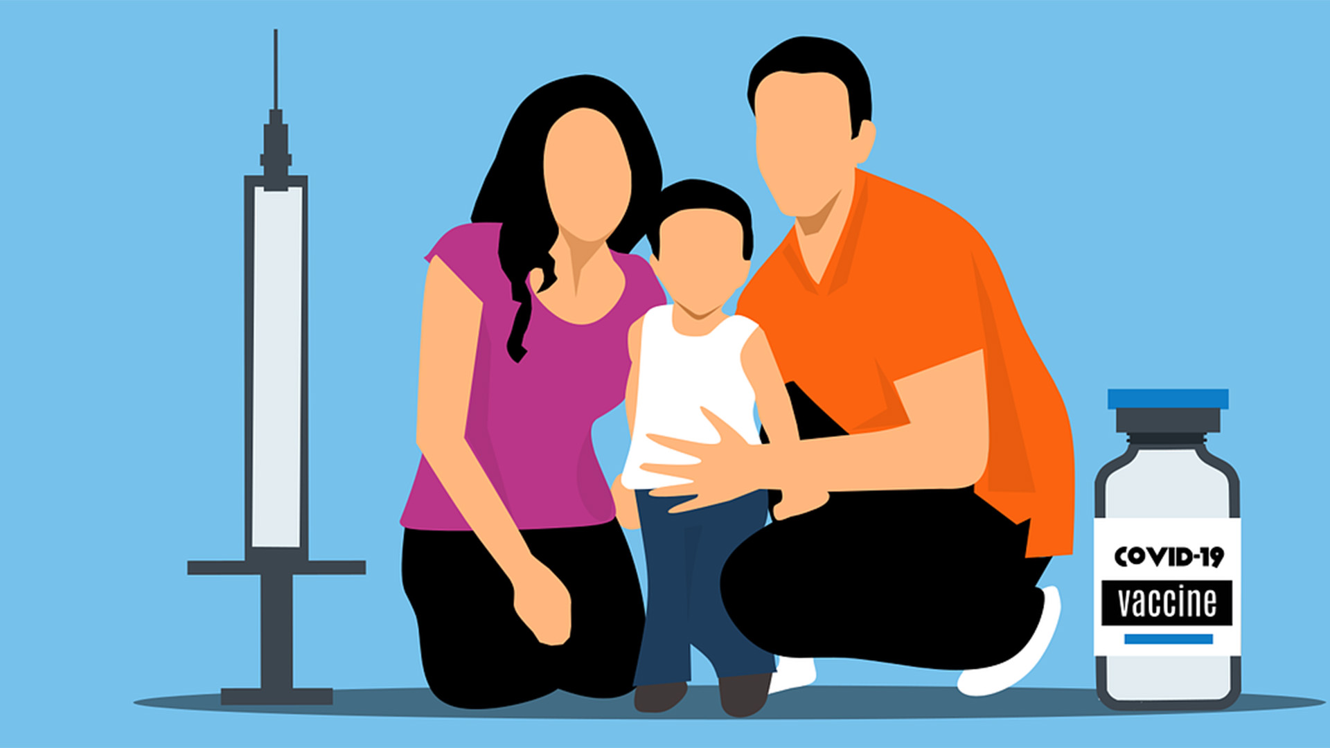 Illustration von Personen - Vater, Mutter, Kind -, daneben steht eine Covid-Vaccine-Impfampulle und eine Spritze.